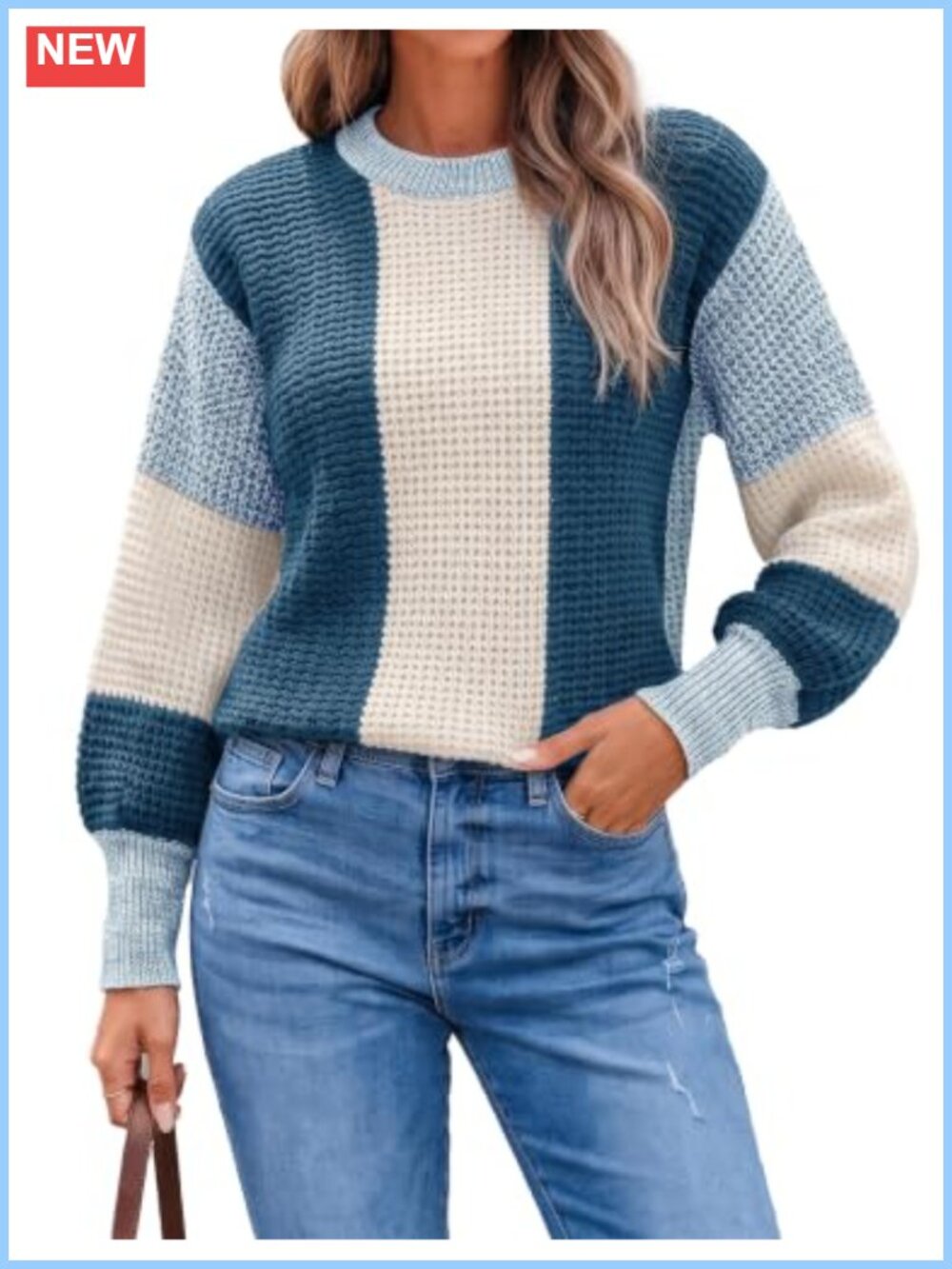Womens Crew Neck Puff Sleeve Open-Knit Color Block Sweater Pullover